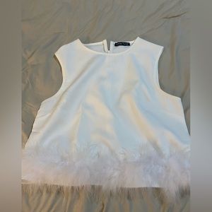 White Cropped Tank with Feathers